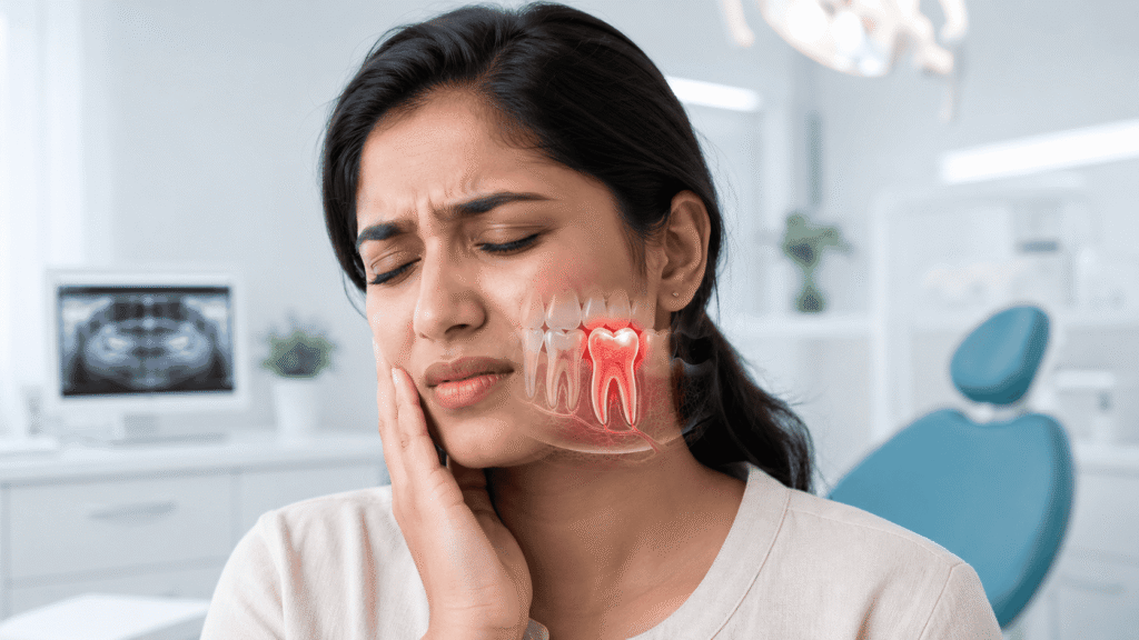 Indian woman with persistent tooth pain showing infected tooth anatomy for root canal treatment in Pune
